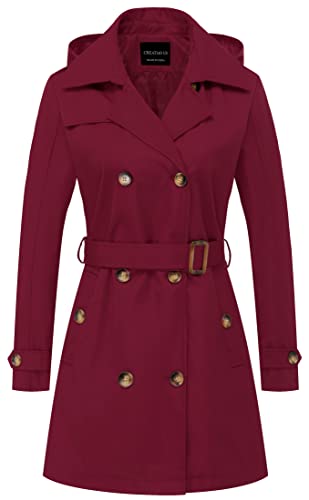 CREATMO US Damen Trenchcoat Zweireihiger Klassischer Revers Mantel Gürtel Slim Oberbekleidung Mantel mit Abnehmbarer Kapuze, weinrot, XXX-Large von CREATMO US