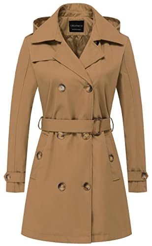 CREATMO US Damen-Trenchcoat, zweireihig, klassischer Revers, Übermantel, Gürtel, schmale Oberbekleidung, Mantel mit abnehmbarer Kapuze, CAMEL, L von CREATMO US