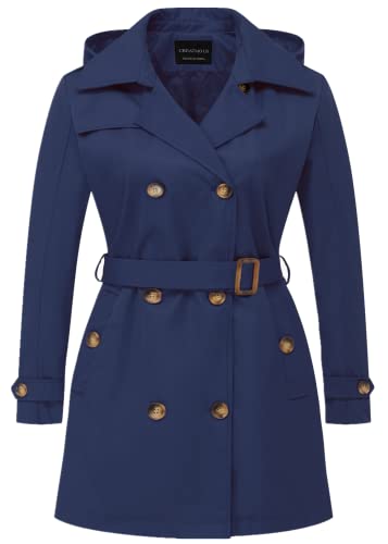CREATMO US Damen Übergröße Trenchcoat Zweireihig Klassischer Revers Mantel Gürtel Oberbekleidung Mantel mit abnehmbarer Kapuze, Marineblau, 4X von CREATMO US