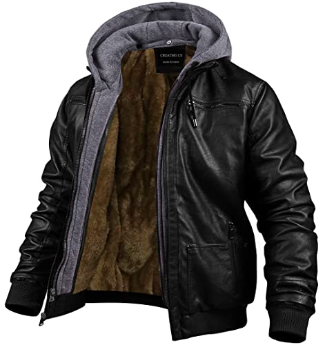 CREATMO US Herren Kunstlederjacke Motorradjacke Wasserdicht Winddicht PU Moto Oberbekleidung Vintage Bomber Hoodie mit Abnehmbarer Kapuze, Mit schwarzem Samt gefüttert, X-Large von CREATMO US