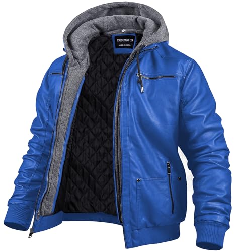 CREATMO US Herren Kunstlederjacke Motorradjacke Wasserdicht Winddicht PU Moto Vintage Bomber Hoodie mit Abnehmbarer Kapuze, Blau, Small von CREATMO US