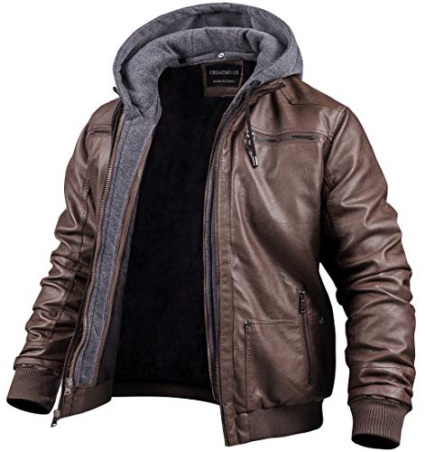 CREATMO US Herren Kunstlederjacke Motorradjacke Wasserdicht Winddicht PU Moto Vintage Bomber Hoodie mit Abnehmbarer Kapuze, Kaffeelicht, S von CREATMO US