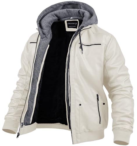 CREATMO US Herren Kunstlederjacke Motorradjacke Wasserdicht Winddicht PU Moto Vintage Bomber Hoodie mit Abnehmbarer Kapuze, Weiss/opulenter Garten, Medium von CREATMO US