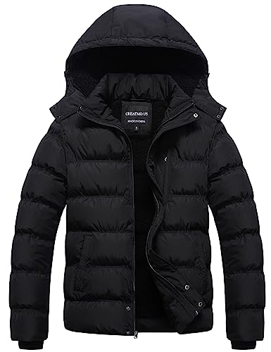 CREATMO US Herren Puffer Jacke Wasserdicht Winter Parka Jacke Warm Verdicken Ski Mantel, Schwarzes Sherpa-Futter, X-Large von CREATMO US