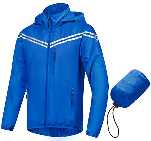 CREATMO US Herren Regenjacke, verstaubar, wasserdicht, reflektierend, mit abnehmbarer Kapuze, Blau, L von CREATMO US