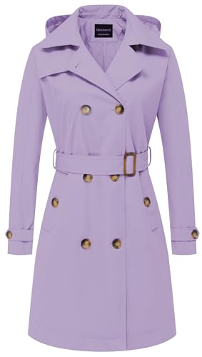 CREATMO US Langer Damen-Trenchcoat, zweireihig, klassischer Revers, Übermantel, Gürtel, schmale Oberbekleidung, Mantel mit abnehmbarer Kapuze, Helles Violett, Large von CREATMO US