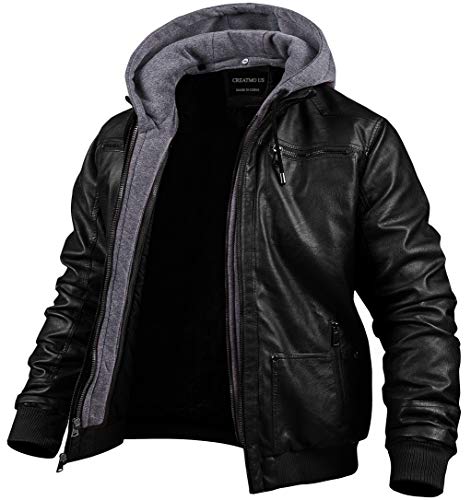 Herren Kunstleder Jacke Motorradjacke Wasserdicht Winddicht PU Moto Outwear Vintage Bomber Hoodie mit Abnehmbarer Kapuze, schwarz, Medium von CREATMO US