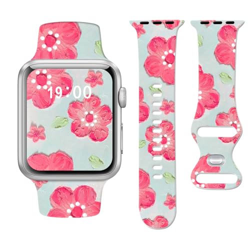 CREFORT Blumen-Armband, kompatibel mit Apple Watch, 41 mm, 40 mm, 38 mm, für Damen und Mädchen, farbechtes süßes Blumenmuster, bedrucktes Silikonband für iWatch SE Serie 9, 8, 7, 6, 5, 4, 3, 2, 1, von CREFORT