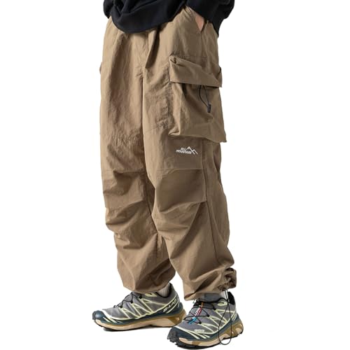 CRERI Herren-Cargohose, leger, Fallschirm, Baggy, Kordelzug, elastische Taille, Wandern, Hip-Hop-Jogginghose mit Taschen, 3-khaki, Groß von CRERI