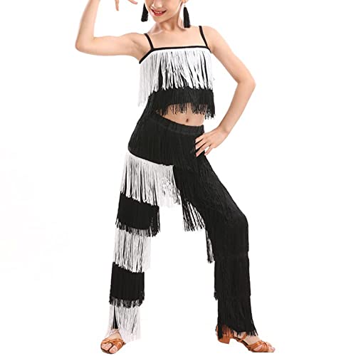 CRETUAO 2-teiliges Latein-Standardtanz-Kostüm-Set für Mädchen, Quaste, Camisole, Fransenhose, modernes Salsa-Wettkampf-Performance-Kleid,Black and White,L von CRETUAO