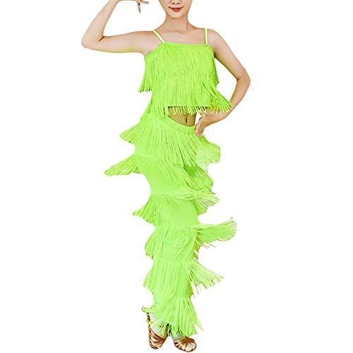 CRETUAO 2-teiliges Latein-Standardtanz-Kostüm-Set für Mädchen, Quaste, Camisole, Fransenhose, modernes Salsa-Wettkampf-Performance-Kleid,Fluorescent Green,M von CRETUAO