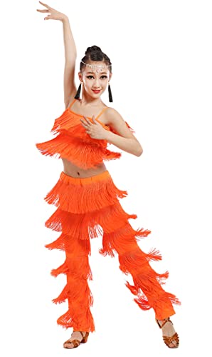 CRETUAO 2-teiliges Latein-Standardtanz-Kostüm-Set für Mädchen, Quaste, Camisole, Fransenhose, modernes Salsa-Wettkampf-Performance-Kleid,Orange Yellow,L von CRETUAO