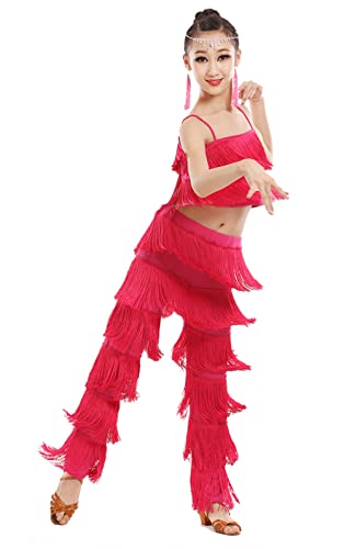 CRETUAO 2-teiliges Latein-Standardtanz-Kostüm-Set für Mädchen, Quaste, Camisole, Fransenhose, modernes Salsa-Wettkampf-Performance-Kleid,Rose red,3XL von CRETUAO