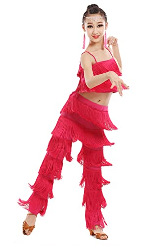 CRETUAO 2-teiliges Latein-Standardtanz-Kostüm-Set für Mädchen, Quaste, Camisole, Fransenhose, modernes Salsa-Wettkampf-Performance-Kleid,Rose red,XS von CRETUAO