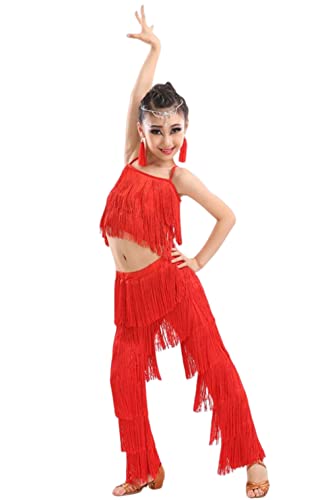 CRETUAO 2-teiliges Latein-Standardtanz-Kostüm-Set für Mädchen, Quaste, Camisole, Fransenhose, modernes Salsa-Wettkampf-Performance-Kleid,Rot,3XL von CRETUAO