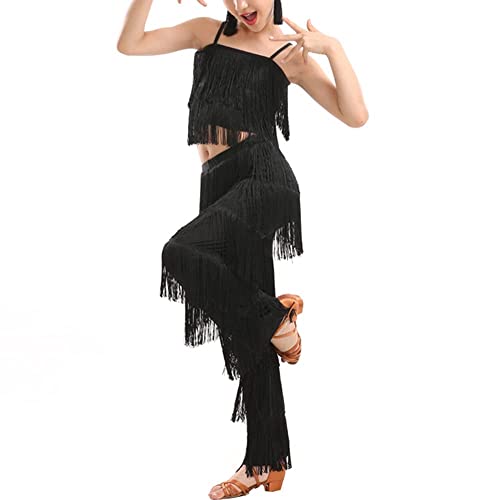 CRETUAO 2-teiliges Latein-Standardtanz-Kostüm-Set für Mädchen, Quaste, Camisole, Fransenhose, modernes Salsa-Wettkampf-Performance-Kleid,Schwarz,L von CRETUAO