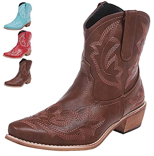 CRETUAO Cowboy Stiefel für Damen, Klassische, mittelgroße, bestickte Western Cowgirl Stiefel, Spitze Zehen, klobige Stiefeletten,Braun,42 EU von CRETUAO