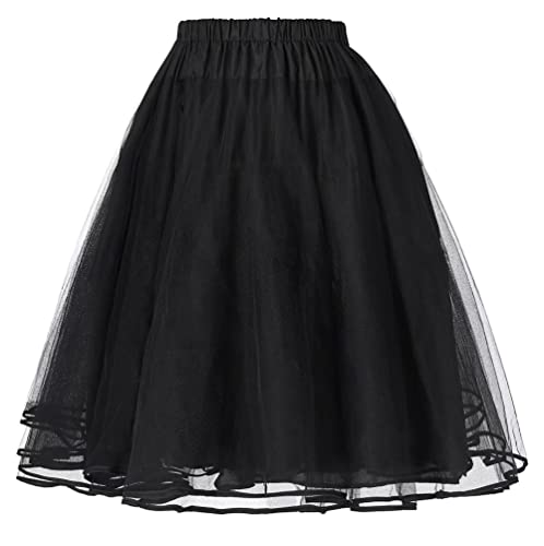 CRETUAO Damen 50er Jahre Vintage Petticoat,Fancy Tutu Rock Krinoline,Hochzeits Abendkleider Krinoline,Reifenloser Kurzrock,Tüll Midi Knielanger Rock Unterrock,Schwarz,XL von CRETUAO