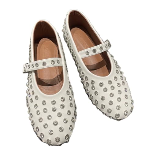 CRETUAO Damen-Ballerinas mit Strasssteinen, glitzernde Schnalle, niedliche runde Zehenpartie, Mary Jane-Flats, Ballerinas, mit Nieten verzierte, lässige Flats,Weiß,38 EU von CRETUAO