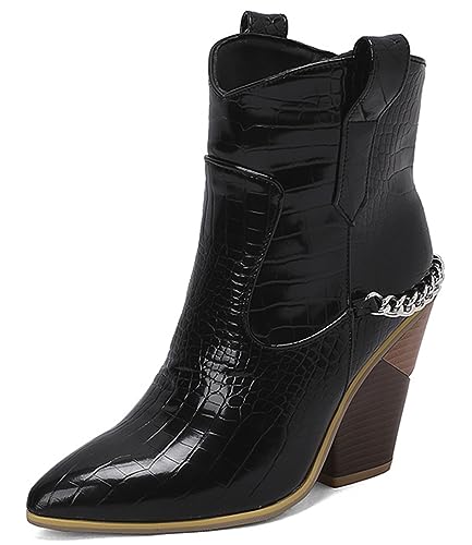 CRETUAO Damen-Cowboystiefel,Retro-Metallkette spitzer Zehenbereich breiter Absatz breite Waden-Westernstiefel,modische mehrfarbige Schlangenmuster-Stiefel mit hohem Absatz,Schwarz,44 EU von CRETUAO