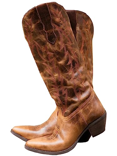 CRETUAO Damen-Cowgirl-Stiefel,Retro-gestickter Westernstiefel mit Blockabsatz und mittlerer Wade,modische Spitze Zehenpartie,glitzernde rosafarbene Kniehohe Stiefel mit breiter Wade,Braun,42 EU von CRETUAO