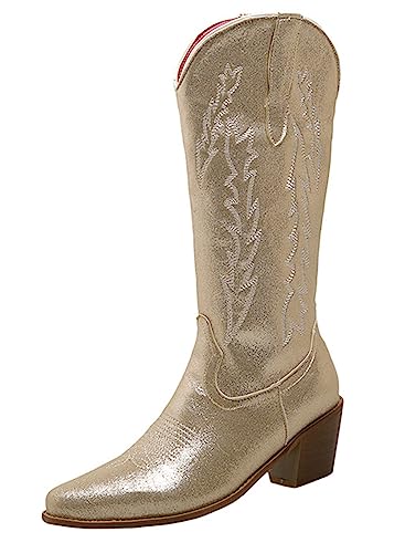 CRETUAO Damen-Cowgirl-Stiefel,Retro-gestickter Westernstiefel mit Blockabsatz und mittlerer Wade,modische spitze Zehenpartie,glitzernde rosafarbene kniehohe Stiefel mit breiter Wade,Gold,44 EU von CRETUAO