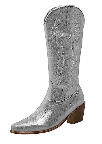 CRETUAO Damen-Cowgirl-Stiefel,Retro-gestickter Westernstiefel mit Blockabsatz und mittlerer Wade,modische spitze Zehenpartie,glitzernde rosafarbene kniehohe Stiefel mit breiter Wade,Silber,37 EU von CRETUAO