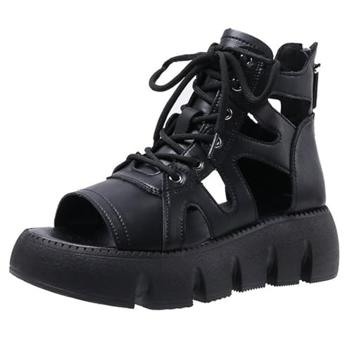 CRETUAO Damen-High-Top-PU-Plateau-Sandalen, sexy Gladiator-Hohl-Peep-Toe-Keilsandalen mit Schnürung hinten und Reißverschluss, bequeme, weiche Strandschuhe im römischen Stil,Schwarz,38.5 EU von CRETUAO