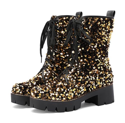 CRETUAO Damen-Kampfstiefel mit Glitzer-Pailletten zum Schnüren,glitzernde runde Zehen-Plateau-Stiefeletten mit klobigem High-Heel,luxuriöse lila Hochzeits-Party-Stiefeletten,Gold,39 EU von CRETUAO