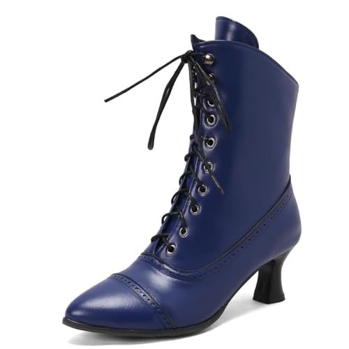 CRETUAO Damen-Knöchelstiefel im Vintage-Stil im viktorianischen Stil mit Kitten-Heel-Absatz,modische Gothic Schnürstiefel spitzer Reißverschluss Zehenpartie Hexenstiefel,2 blue,38 EU von CRETUAO