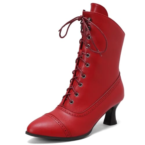 CRETUAO Damen-Knöchelstiefel im Vintage-Stil im viktorianischen Stil mit Kitten-Heel-Absatz,modische Gothic Schnürstiefel spitzer Reißverschluss Zehenpartie Hexenstiefel,2 red,38 EU von CRETUAO