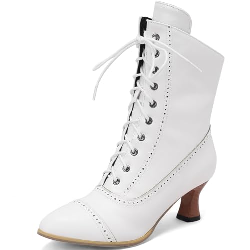 CRETUAO Damen-Knöchelstiefel im Vintage-Stil im viktorianischen Stil mit Kitten-Heel-Absatz,modische Gothic Schnürstiefel spitzer Reißverschluss Zehenpartie Hexenstiefel,3 white,41 EU von CRETUAO