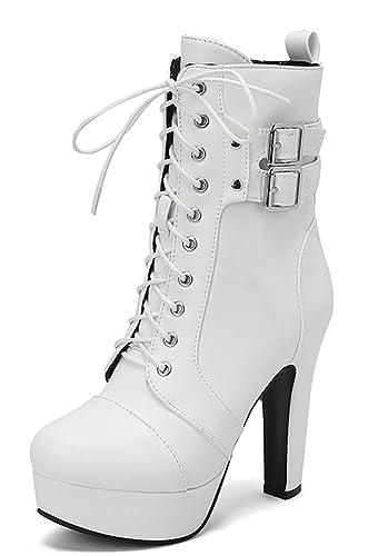 CRETUAO Damen-Knöchelstiefel mit Plateausohle hohem Absatz,sexy Kampfstiefel mit klobigem Absatz seitlichem Reißverschluss runder Zehenpartie,modische Party-Punk-Cosplay-Stiefeletten,White5,43 EU von CRETUAO