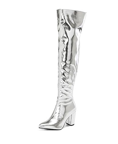 CRETUAO Damen-Modenschau goldene Overknee-Stiefel,luxuriöse silberne helle Blockabsatz-hohe Stiefel,sexy Model-Performance-Wettbewerb Catwalk-Party lange Stiefel,Silber,39 EU von CRETUAO