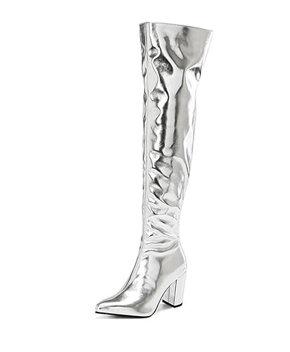 CRETUAO Damen-Modenschau goldene Overknee-Stiefel,luxuriöse Silberne helle Blockabsatz-hohe Stiefel,sexy Model-Performance-Wettbewerb Catwalk-Party Lange Stiefel,Silber,44 EU von CRETUAO