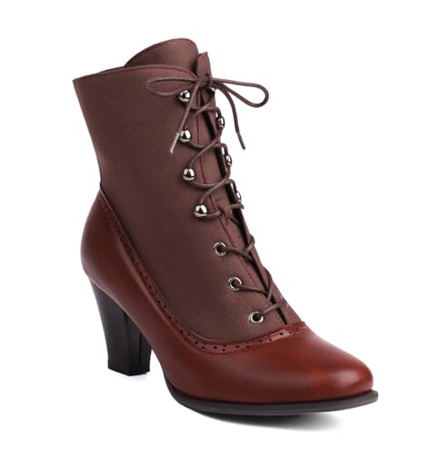 CRETUAO Damen-Schnürstiefel mit klobigem Absatz,Retro-viktorianische Hexenstiefel mit runder Zehenpartie,klassische Steampunk-Piraten-Stiefeletten mit niedrigem Absatz,Rot,38 EU von CRETUAO