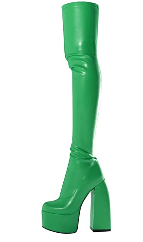 CRETUAO Damen Sexy Overknee Overknee Stiefel Plattform High Heel Lange Stiefel, Chunky Heels Lange Stiefel mit seitlichem Reißverschluss Stretch-Stiefel,Grün,39 EU von CRETUAO