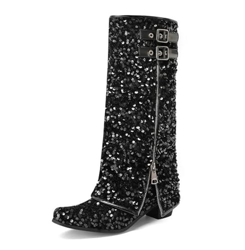 CRETUAO Damen-Stiefel Glitzer-Pailletten-Kniefalten,modische Halbhosenstiefel Schnallengürtel Reißverschluss,sexy spitze Zehen,klobige Absätze,Cowgirl-Stiefel mittlerer Wade,Schwarz,38 EU von CRETUAO