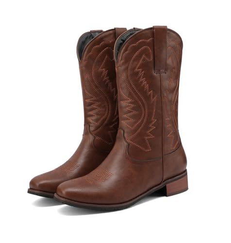 CRETUAO Damen-Stiefel im Vintage-Stil bestickt Western-Cowboy-Stiefel mit mittlerer Wade klassische lässige Outdoor-niedrigem Absatz Ritterstiefel,1 brown,46 EU von CRETUAO