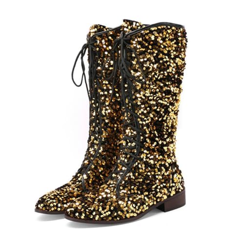 CRETUAO Damen-Stiefel mit Schnürung Glitzer-Pailletten mittelhohe Wadenstiefel,bequeme runde Zehenpartie niedriger Absatz Cowboystiefel,modische Metallic-Pailletten Ritterstiefel,Gold,37 EU von CRETUAO