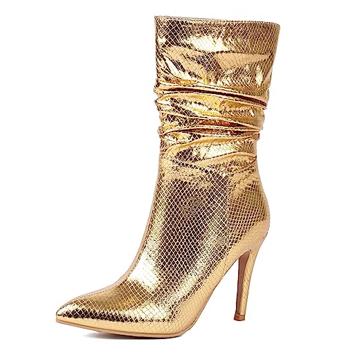 CRETUAO Damen-Stiefel mit Stiletto-Absatz aus Paillettenstoff, modische Metallic-Stiefeletten mit spitzem Zehenbereich, sexy Party-Hochzeitskleid-Stiefeletten,Gold,37.5 EU von CRETUAO