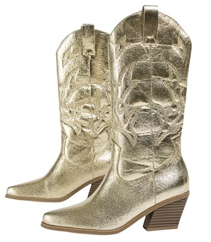 CRETUAO Damen Stiefel mit glänzendem modischem Mittelschlauch,Vintage-gestickter spitzer Zehenbereich niedriger Slip-on Western Cowboystiefel,metallischer klobiger Absatz breite Waden,Gold,38 EU von CRETUAO