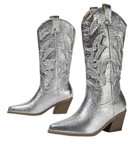 CRETUAO Damen Stiefel mit glänzendem modischem Mittelschlauch,Vintage-gestickter spitzer Zehenbereich niedriger Slip-on Western Cowboystiefel,metallischer klobiger Absatz breite Waden,Silber,38 EU von CRETUAO