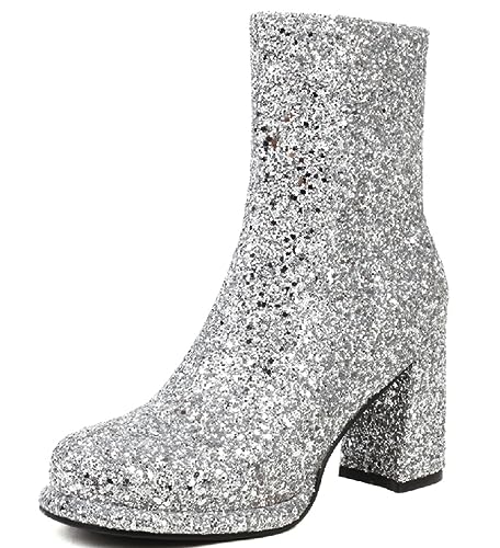 CRETUAO Damen-Stiefeletten klobigem Absatz Glitzer,luxuriöse Pailletten-Stiefel rundem Zehenbereich seitlichem Reißverschluss sexy Party-Stiefel,modische Hochzeits-Stiefel hohem Absatz,Silber,38 EU von CRETUAO