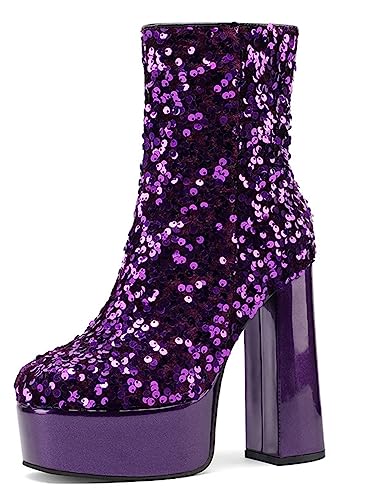 CRETUAO Damen-Stiefeletten mit Glitzer Pailletten Plateau,sexy Plateau-Stiefeletten mit rundem Zehenbereich klobige High-Heel-Stiefel, modische Disco-Dancenightclub-Party-Schuhe,Lila,41 EU von CRETUAO