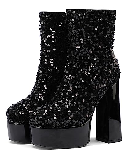 CRETUAO Damen-Stiefeletten mit Glitzer Pailletten Plateau,sexy Plateau-Stiefeletten mit rundem Zehenbereich klobige High-Heel-Stiefel, modische Disco-Dancenightclub-Party-Schuhe,Schwarz,38 EU von CRETUAO