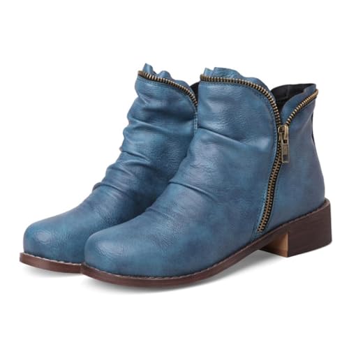 CRETUAO Damen-Stiefeletten mit niedrigem Blockabsatz, bequeme Winter-Stiefeletten mit rundem Zehenbereich und seitlichem Reißverschluss lässige elegante Vintage-Lederschuhe,Blau,36 EU von CRETUAO