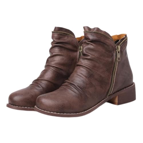 CRETUAO Damen-Stiefeletten mit niedrigem Blockabsatz, bequeme Winter-Stiefeletten mit rundem Zehenbereich und seitlichem Reißverschluss lässige elegante Vintage-Lederschuhe,Braun,38 EU von CRETUAO