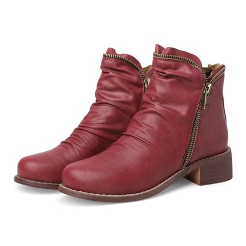 CRETUAO Damen-Stiefeletten mit niedrigem Blockabsatz, bequeme Winter-Stiefeletten mit rundem Zehenbereich und seitlichem Reißverschluss lässige elegante Vintage-Lederschuhe,Burgundy,38 EU von CRETUAO