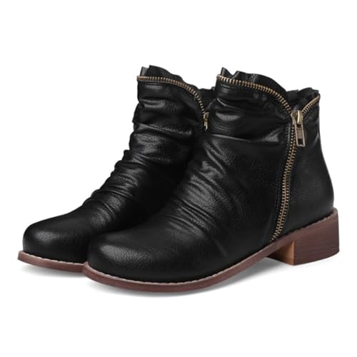 CRETUAO Damen-Stiefeletten mit niedrigem Blockabsatz, bequeme Winter-Stiefeletten mit rundem Zehenbereich und seitlichem Reißverschluss lässige elegante Vintage-Lederschuhe,Schwarz,35 EU von CRETUAO